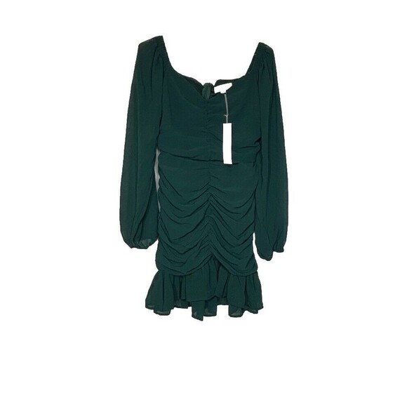 Green Ruched Chiffon Ballon Sleeve Mini Dress Christmas Holiday Cocktail Party - Picture 1 of 16
